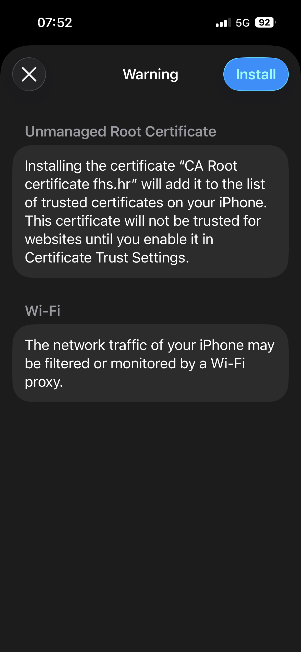 Upozorenje o CA Root certifikatu